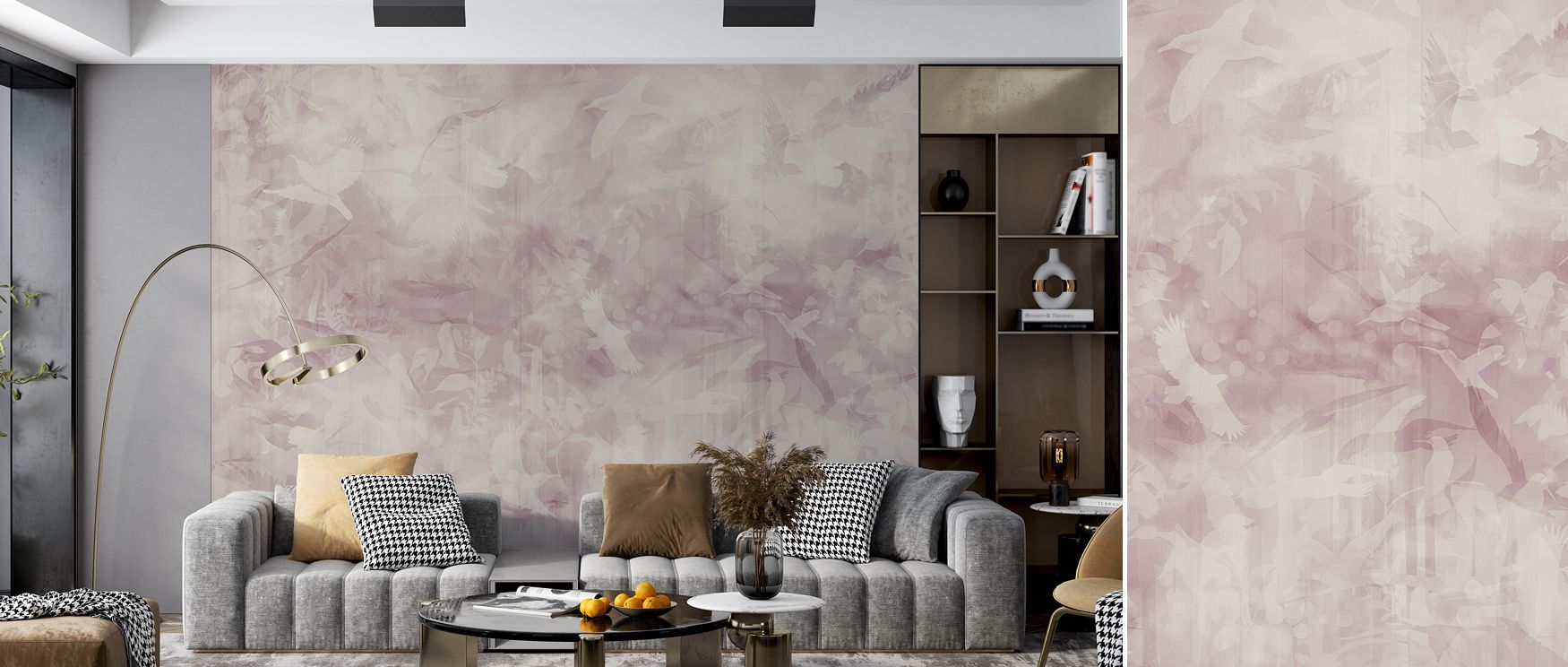 Its combination of birds and lush elements creates a flowing composition that enhances walls with style. The design enriches interiors by offering beauty and peace, reflecting timeless artistry that brings sophistication into bedrooms and offices. 
