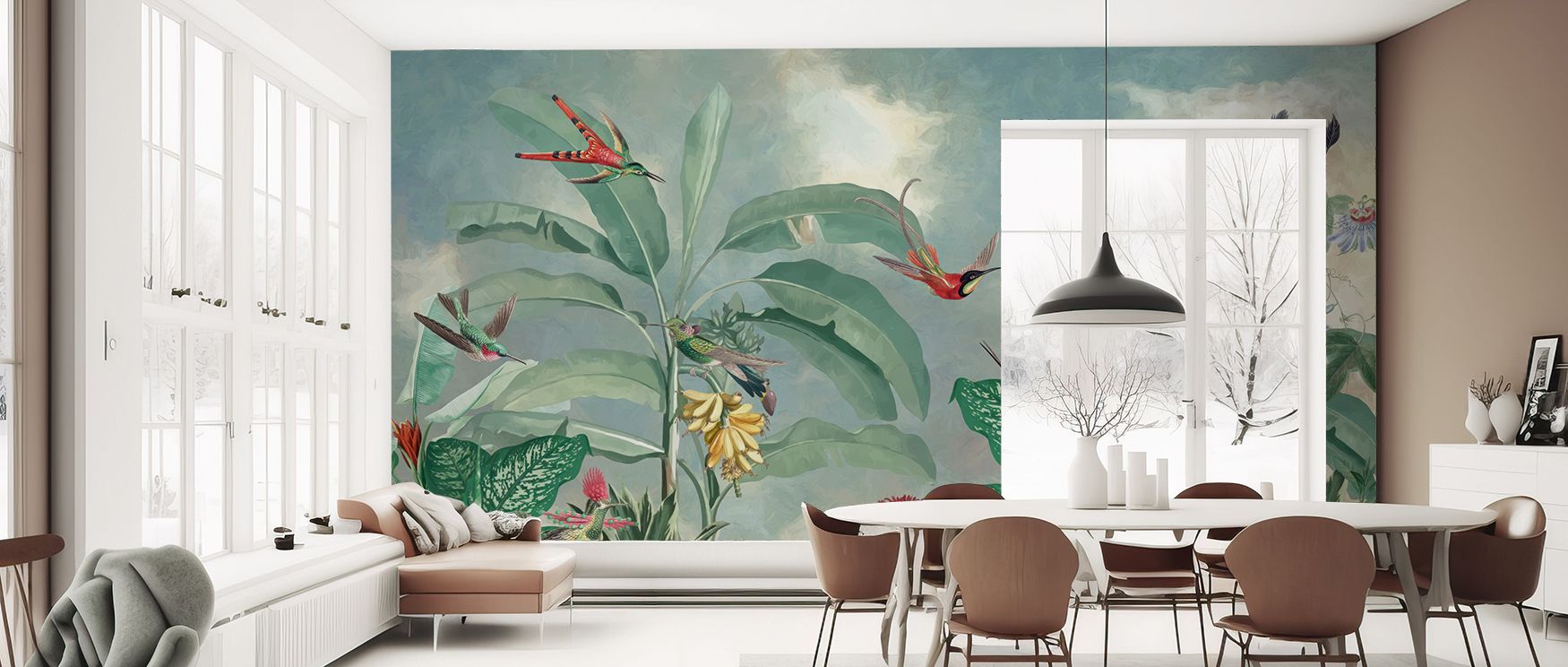 Birds and scenic warmth combine in this design to create an uplifting backdrop. It transforms interiors into inviting retreats that blend creativity and elegance, inspiring everyday comfort and stylish refinement. 