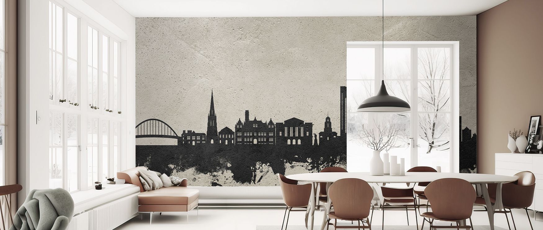 Black and white artistry creates a bold backdrop that inspires creativity. The skyline imagery highlights modern sophistication, enhancing interiors while reflecting individuality and pride in urban beauty. 