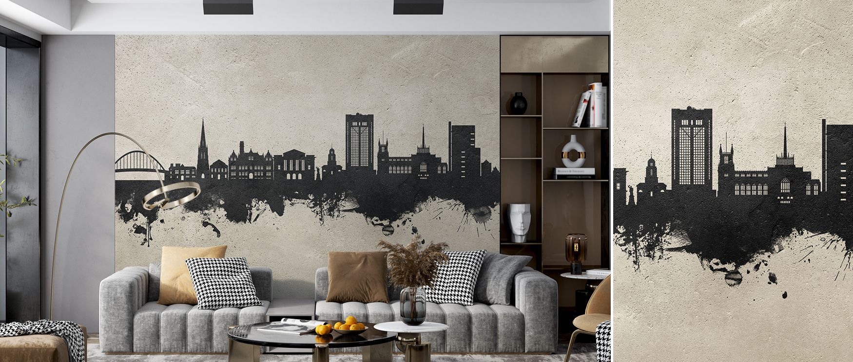 The wallpaper enriches interiors with a dramatic yet elegant presence. Its city imagery adds strength and charm, turning ordinary walls into artistic showcases filled with energy and modern flair. 