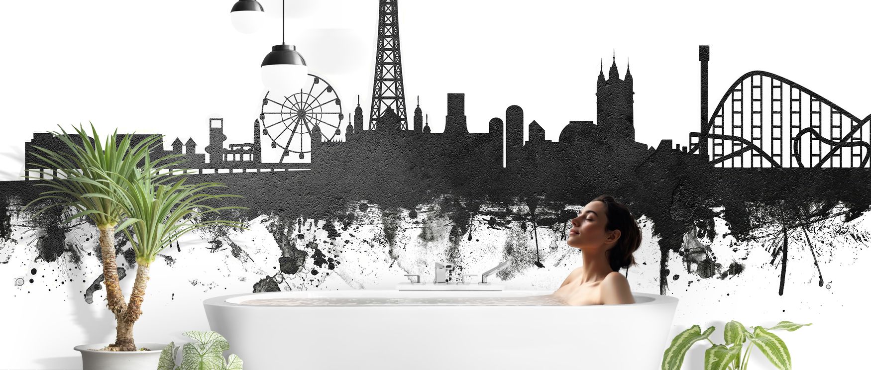 Blackpool England city skyline wallpaper design in monochrome black and white tones providing stylish decor for offices where creativity meets professionalism as walls transform into inspiring focal points with clean lines, iconic architecture, and a subt