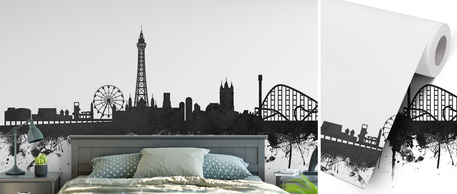 Blackpool England Skyline Black and White Wallpaper featuring the iconic landmarks in monochrome tones that create a timeless urban aesthetic, perfect for modern living rooms where bold design elevates ambiance and enhances atmosphere while offering balan