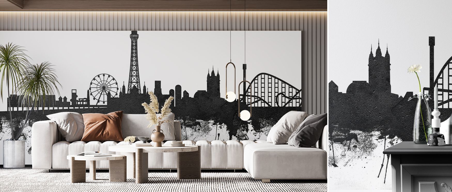 Modern skyline design of Blackpool in black and white tones for wallpaper that adds elegance and sophistication to bedroom walls creating refined atmosphere where urban imagery becomes part of tranquil settings offering charm and timeless design with unde