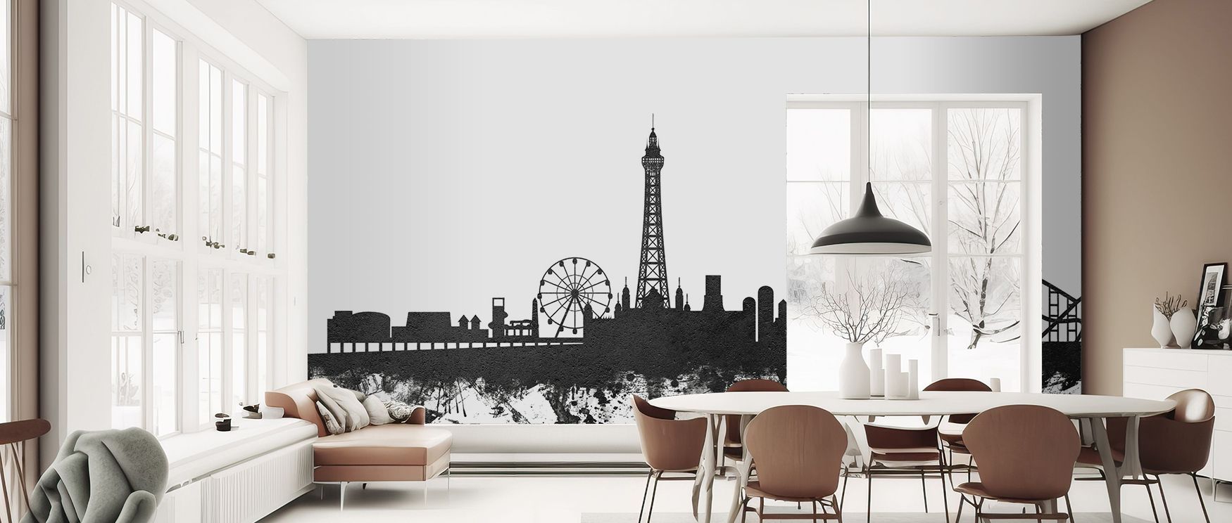 Urban skyline inspired wallpaper design of Blackpool in bold black and white palette adds dramatic flair to office interiors where design creativity meets minimalism producing professional yet inspiring ambiance as walls gain unique personality blending i
