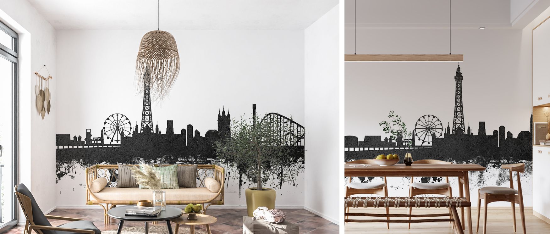 Artistic Blackpool skyline wallpaper in black and white adds timeless English charm to modern spaces where living room walls become elevated with urban silhouettes reflecting balance of elegance and minimalism as striking imagery enhances mood creating so