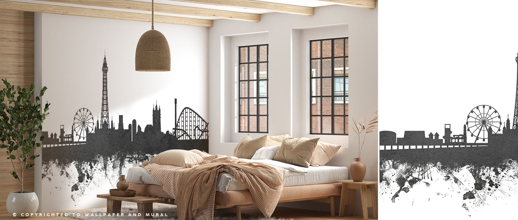 Stylish wallpaper of Blackpool England skyline rendered in classic black and white provides understated sophistication ideal for offices where subtle creativity defines environment offering balance between visual inspiration and refined style as urban ima