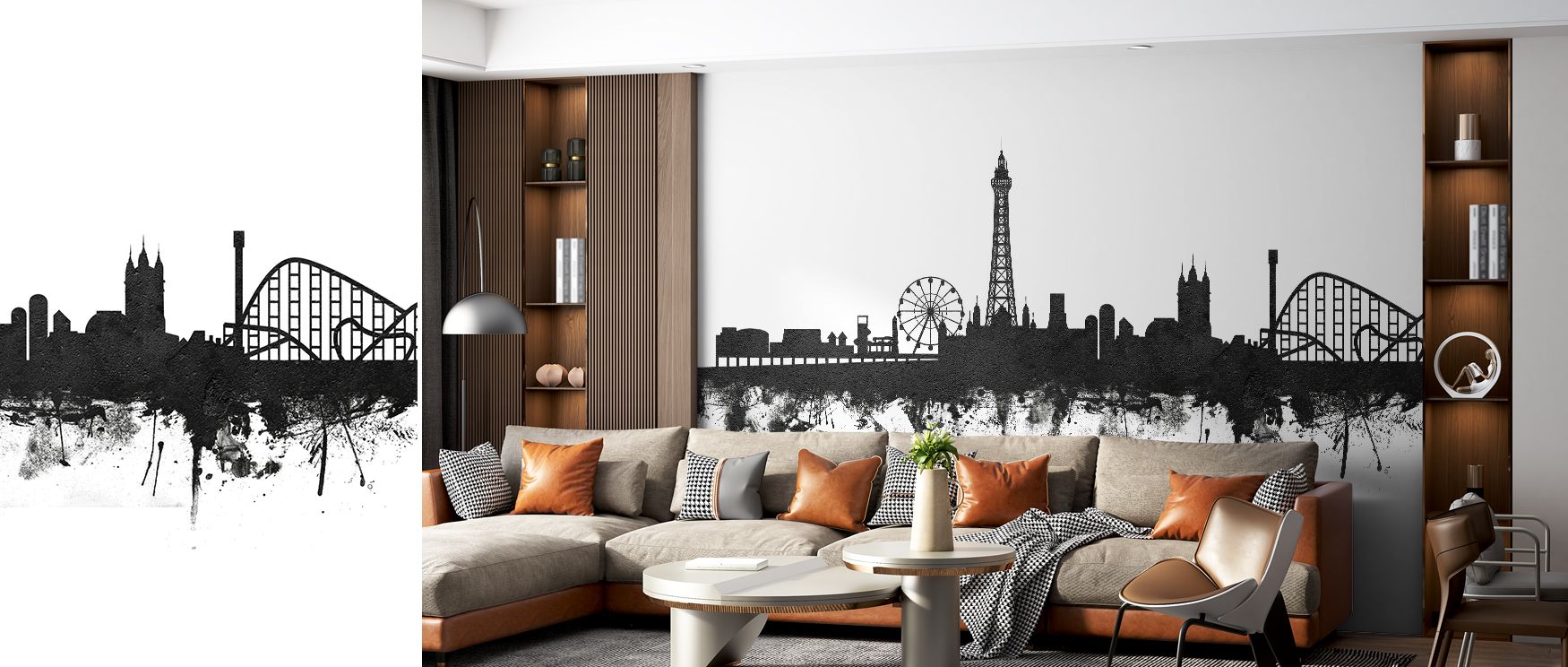 Elegant wallpaper featuring Blackpool skyline design in black and white palette infuses bedrooms with modern charm where atmosphere is serene yet bold through strong architectural lines inspiring reflective mood and enhancing walls with subtle sophisticat