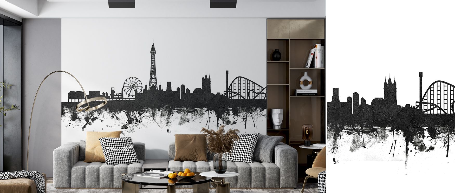 Contemporary wall art wallpaper design of Blackpool England skyline with monochrome tones offers modern appeal for living rooms enhancing visual depth as striking cityscape establishes focal point of decor creating engaging yet calming environment where c