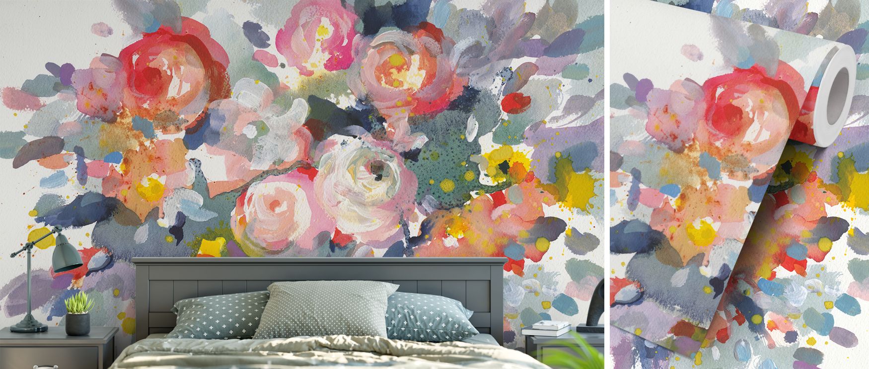Cheerful floral wallpaper design featuring Bloom Burst pattern of vivid colors adds joy and refreshing charm to bedroom interiors as walls become adorned with nature inspired motifs offering balanced harmony of elegance and comfort with blossoms that evok