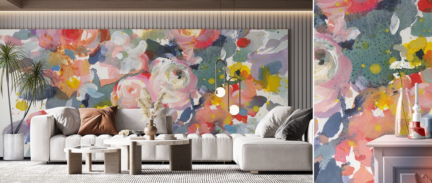 Artistic floral wallpaper with Bloom Burst design infuses living rooms with striking visual impact where bold blossoms in vibrant hues transform atmosphere into garden like charm providing natural elegance and refreshing brightness for guests and everyday