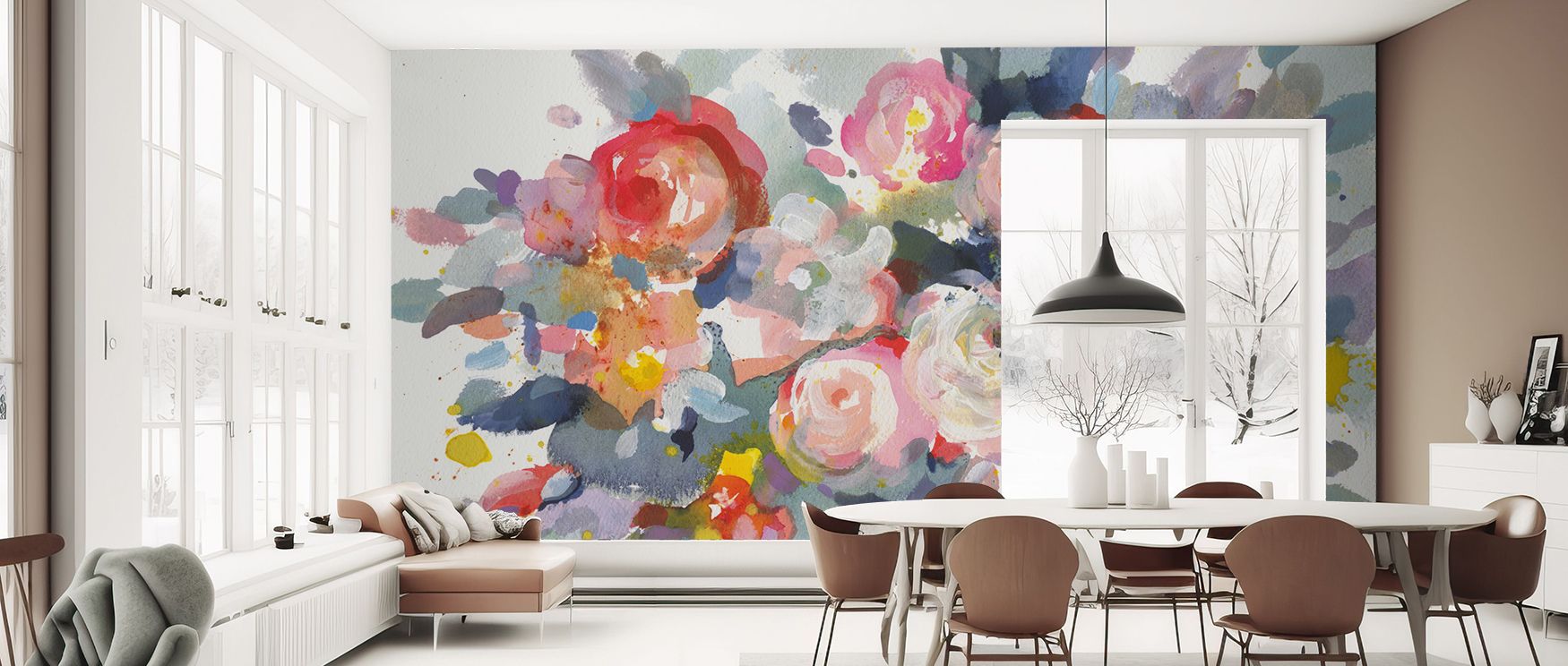Creative wallpaper featuring colorful floral bursts brings vibrancy to offices where blossoms stimulate inspiring mood while enhancing interior decor with balanced blend of elegance and refreshing garden charm supporting productivity and creativity seamle