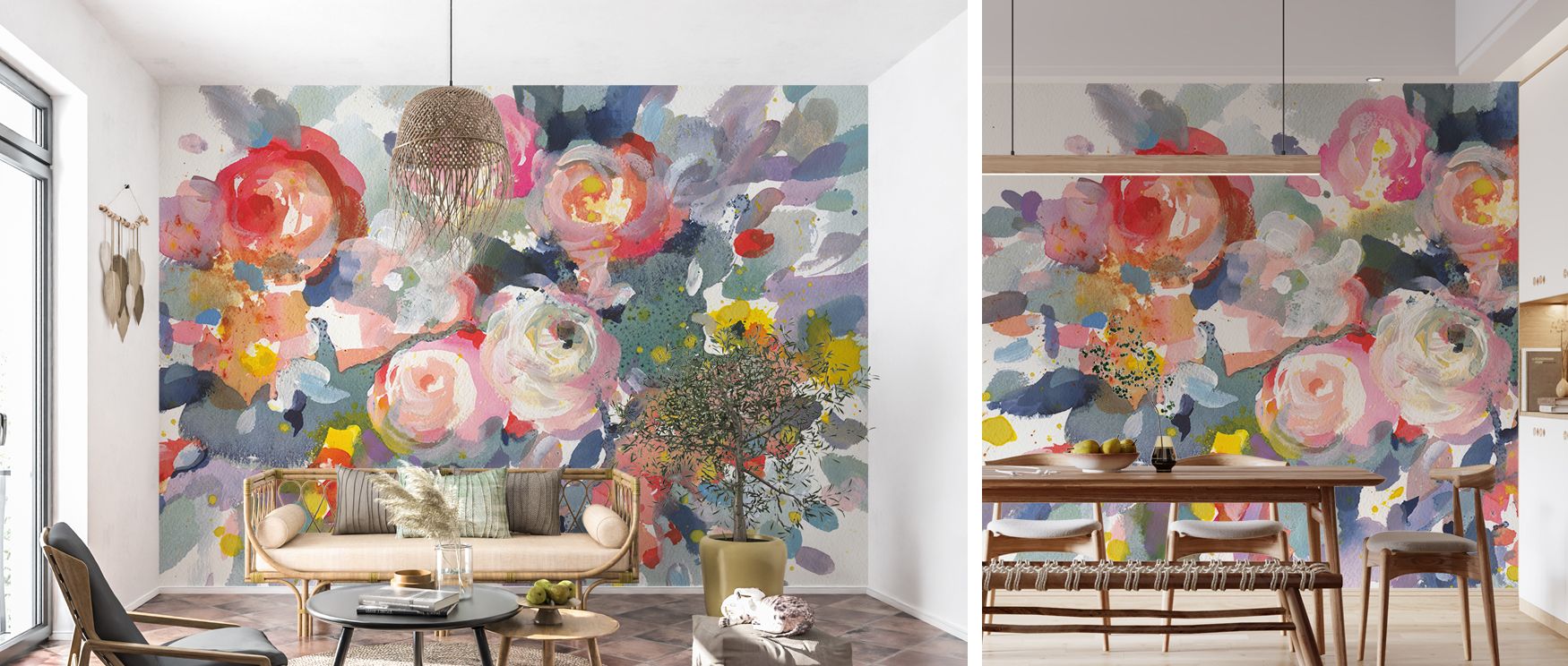 Bloom Burst Floral Wallpaper in colorful palette enhances bedrooms with floral elegance offering tranquil yet cheerful backdrop where blossoms bloom across walls creating restful and inspiring space filled with harmony between joy and sophistication natur