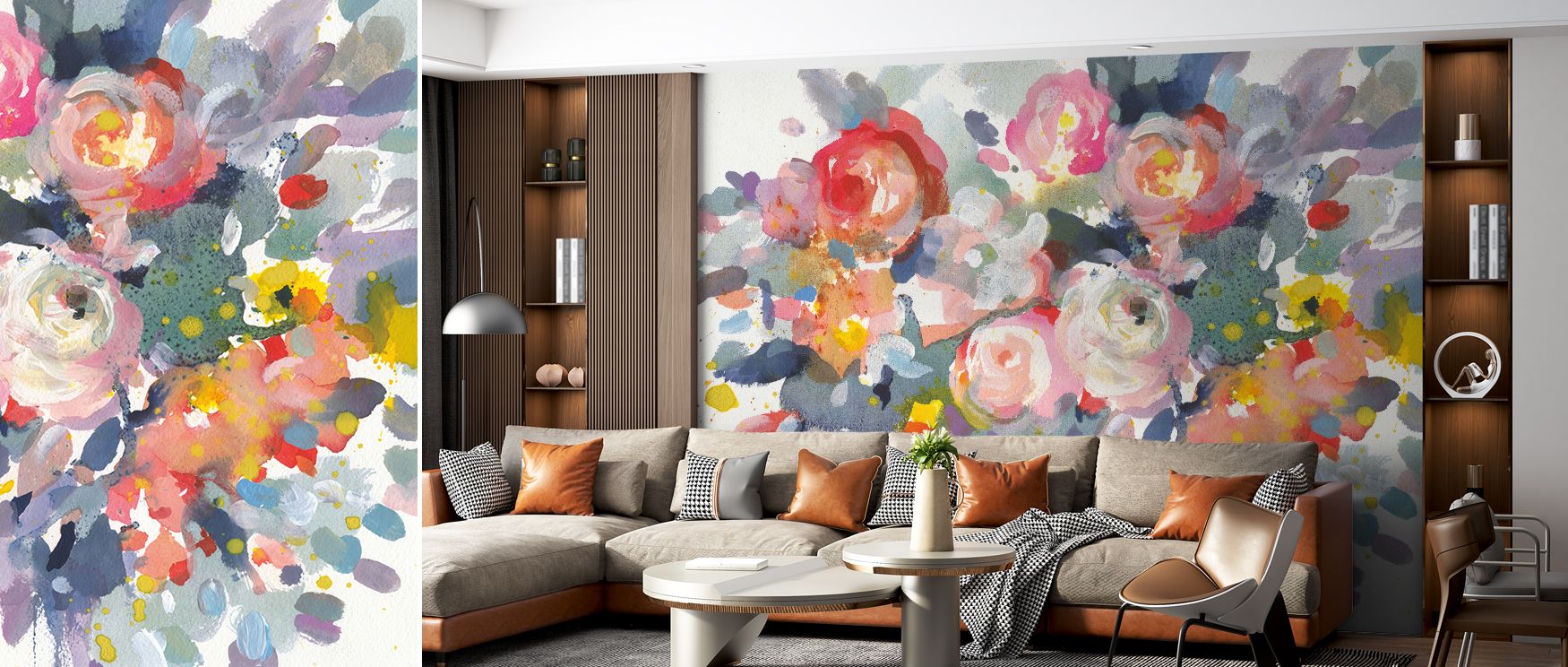 Cheerful floral wallpaper with Bloom Burst pattern transforms living rooms into joyful havens where blossoms flourish across walls infusing decor with natural artistry and positivity making ordinary spaces become extraordinary through vibrant floral image