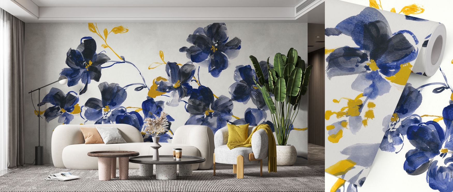 Wallpaper design of Blue Branch Floral with soft natural tones transforms living rooms into serene sanctuaries where delicate patterns offer calmness and quiet elegance blending beautifully with contemporary or traditional interior decor styles effortless