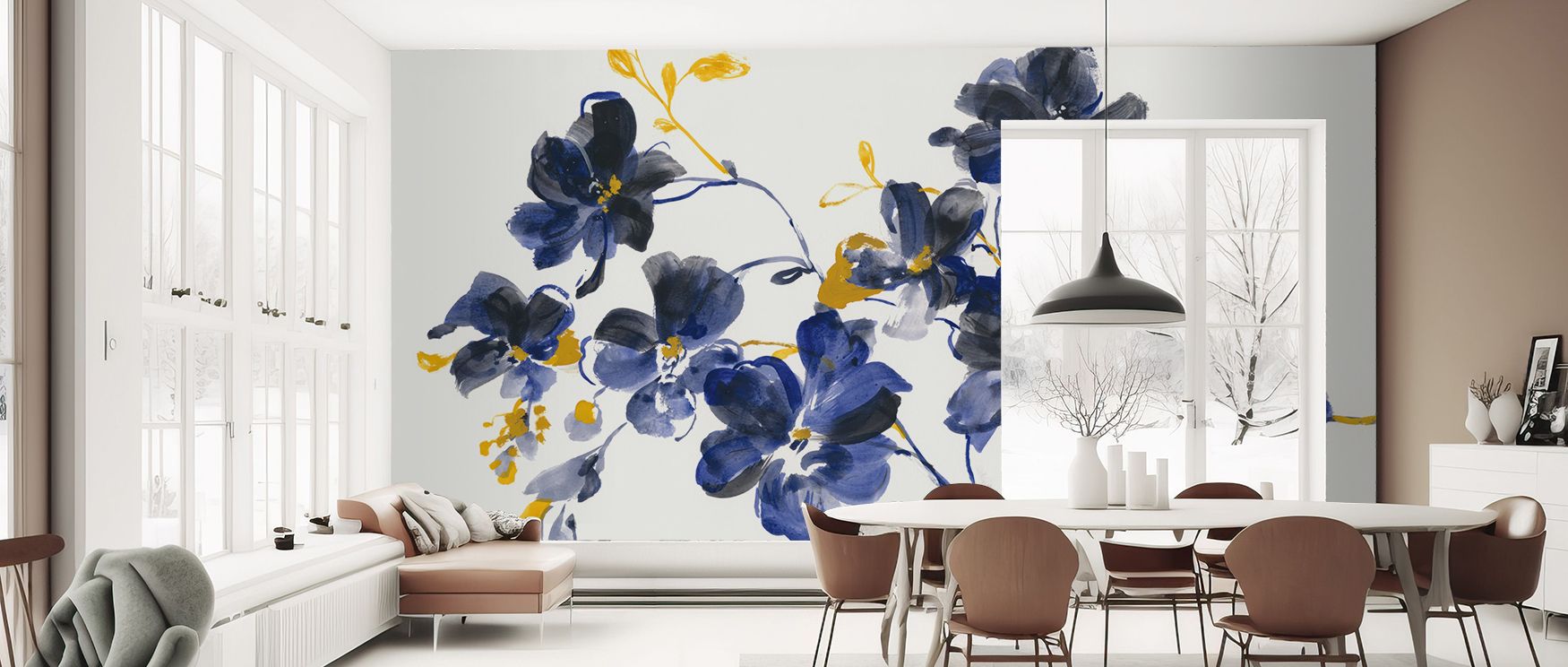 Wallpaper featuring delicate Blue Branch Floral imagery provides living room walls with refined elegance as subtle blue branches create tranquil decor offering sophisticated natural artistry that enhances interiors with timeless serene charm beautifully.