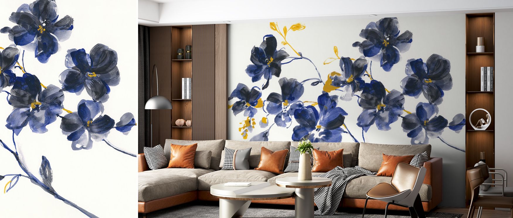 Floral wallpaper design Blue Branch pattern infuses bedrooms with calm refreshing elegance where walls become serene canvases of natural charm highlighting tranquil balance perfect for enhancing peaceful restful interiors gracefully. 