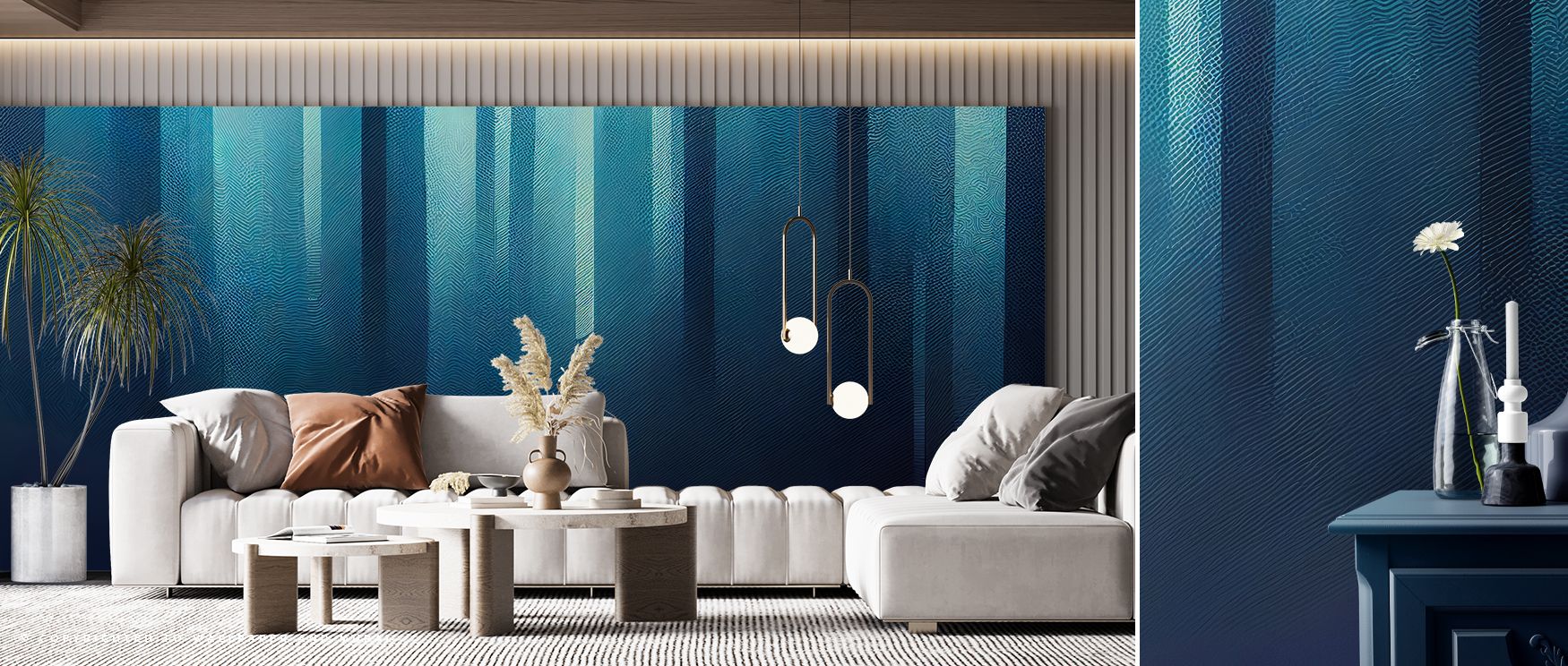 Dynamic Blue Light Abstract Wallpaper enhances living rooms with artistic edge where abstract forms in vibrant blue shades transform ambiance with visual movement creating engaging setting that resonates with contemporary modern decor style naturally. 