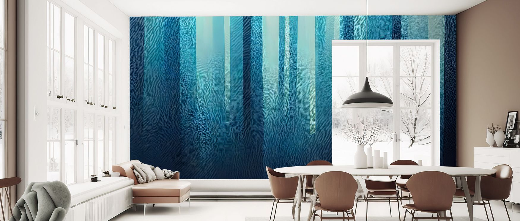 Wallpaper with abstract blue light design adds striking creative edge to office interiors where walls reflect bold visual energy making spaces professional yet engaging through balance of artistic inspiration and contemporary style naturally. 