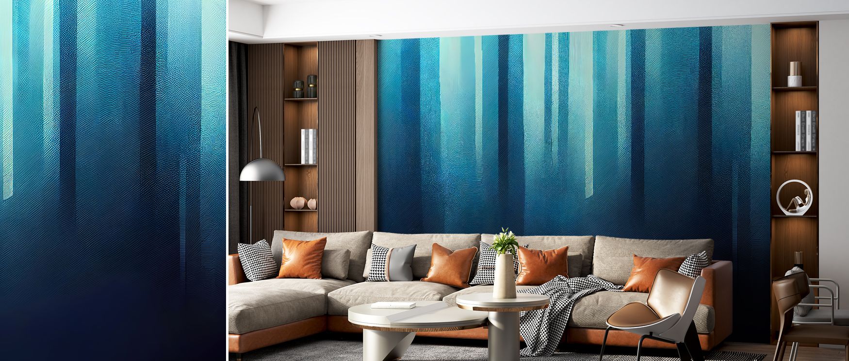 Abstract wallpaper with Blue Light design enriches living room walls with dynamic visual energy as bold artistic imagery creates sophisticated decor transforming atmosphere with balance of creativity and elegance that suits contemporary home styles. 