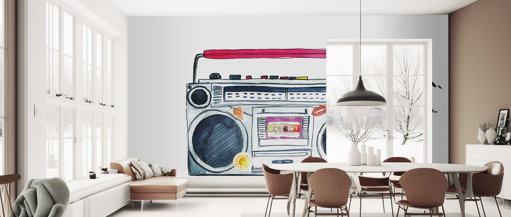 Boombox Love Retro Wallpaper in vibrant colorful motifs enhances bedrooms with playful artistry where retro designs inspire creativity comfort and charm balancing restful atmosphere with energetic decorative individuality effectively. 