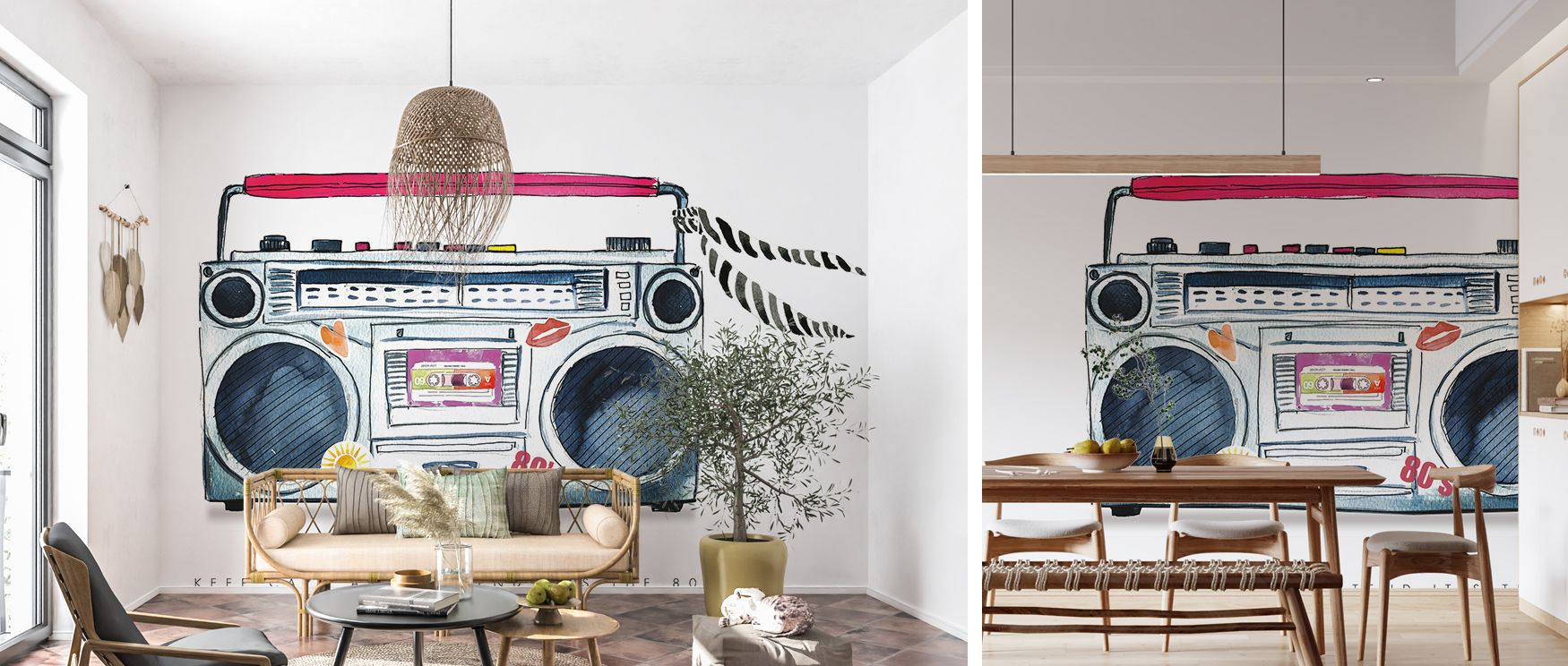 Boombox Love Retro Wallpaper decorates living room walls with bold retro artistry where colorful boombox motifs create lively decor filled with nostalgic fun rhythm and stylish charm enhancing interiors with creative atmosphere and timeless musical inspir