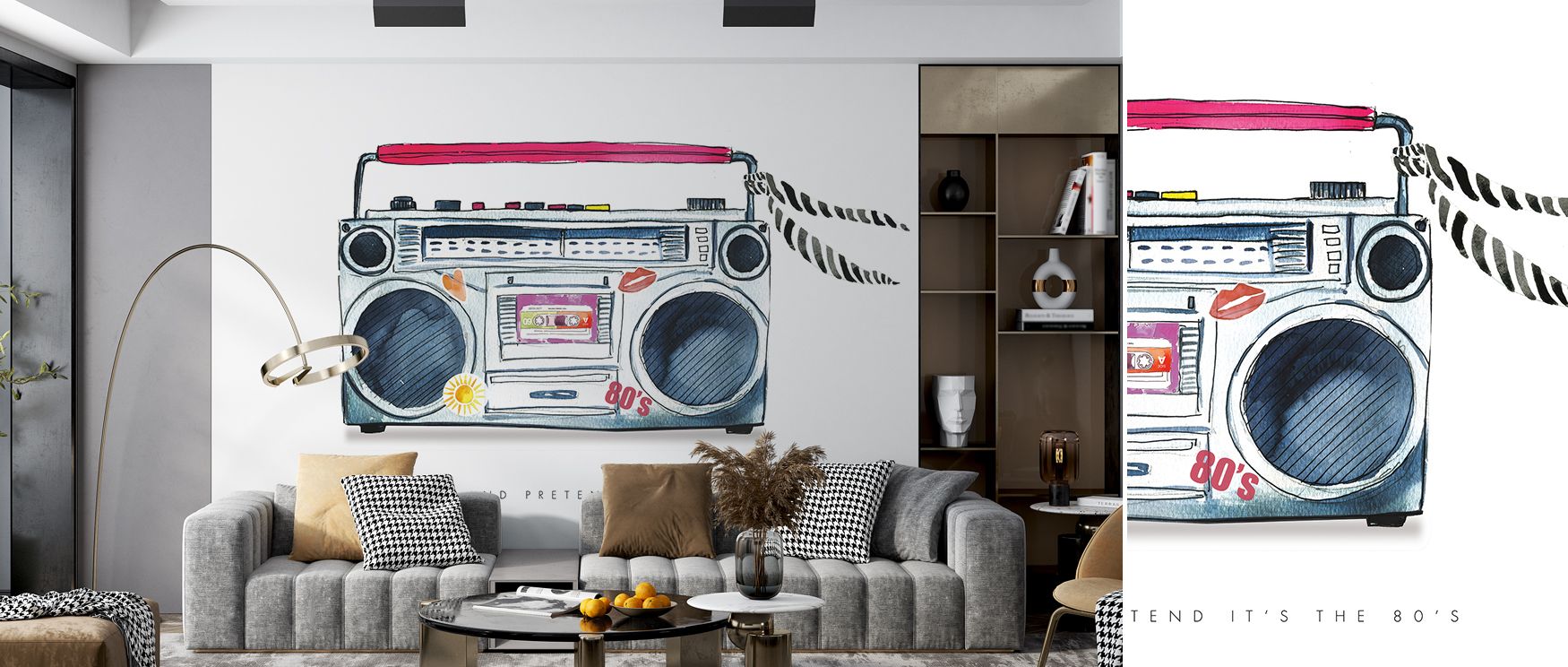 Boombox Love Retro Wallpaper enriches living rooms with vintage inspired artistry where colorful motifs of retro music players create decor filled with nostalgic rhythm charm and individuality offering interiors bold character and stylish energy effortles