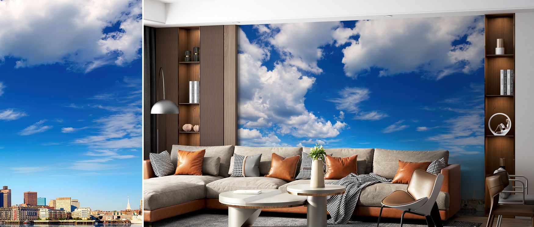 Boston Harbor Skyline Wallpaper enriches living rooms with elegant coastal imagery where architectural skyline provides decor filled with artistic charm sophistication and welcoming cultural character enhancing interiors with stylish New England identity 