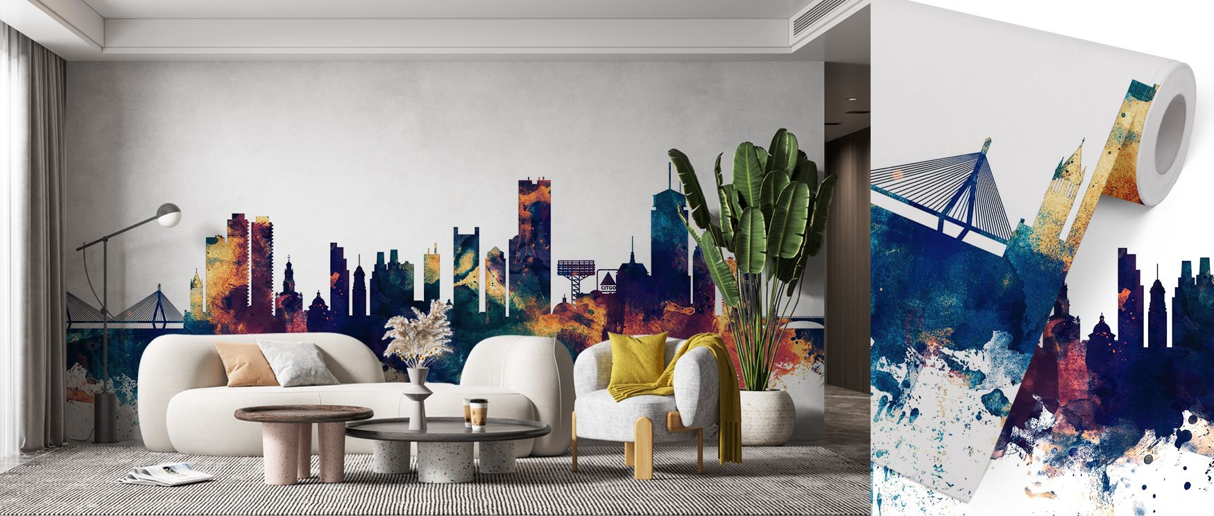 Boston Massachusetts Skyline Blue & Bronze Wallpaper decorates offices with inspiring cultural artistry where bold city imagery in contrasting colors provides professional yet creative atmosphere turning walls into stylish backdrops filled with refinement