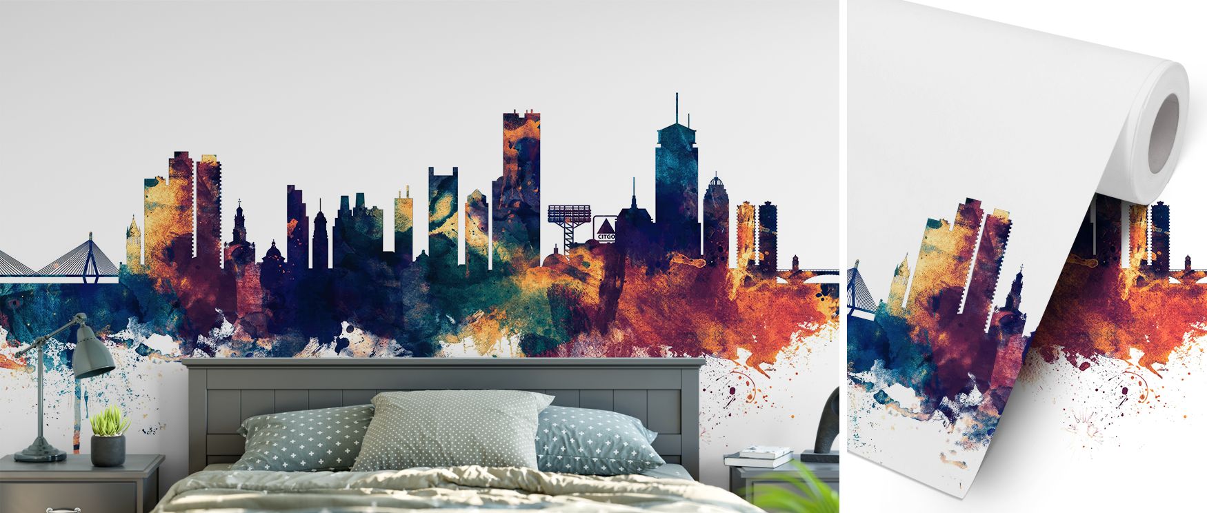 Boston Massachusetts Skyline Blue & Bronze Wallpaper enhances bedrooms with artistic urban imagery where calming blue tones combine with warm bronze highlights to create restful refined decor filled with cultural character stylish balance and modern sophi