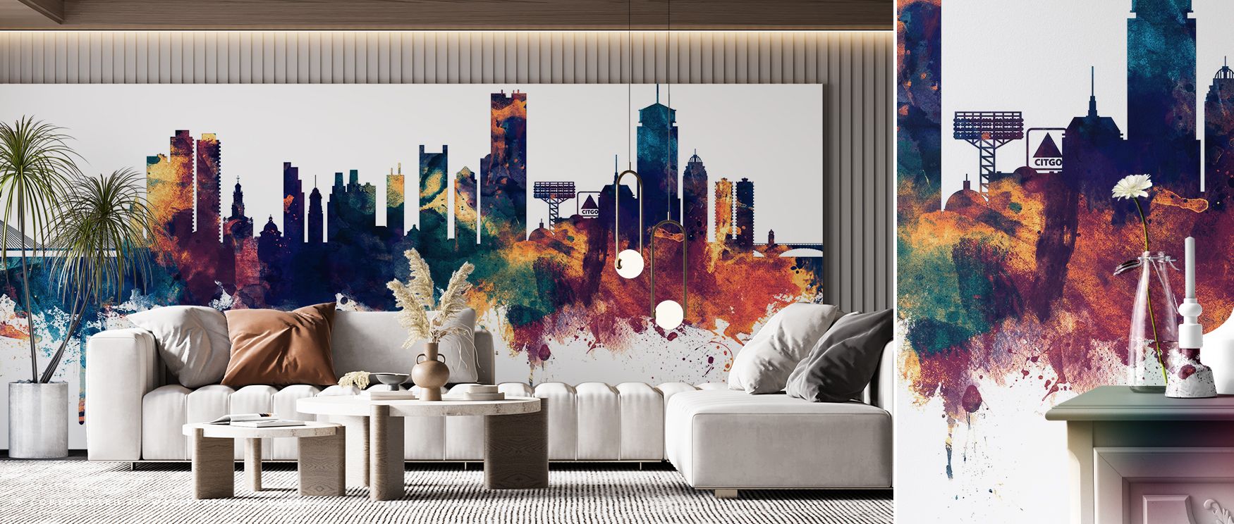 Boston Massachusetts Skyline Blue & Bronze Wallpaper transforms living rooms into cultural artistic settings where striking architectural silhouettes in bold palette create stylish focal walls with atmosphere filled with modern sophistication and refined 