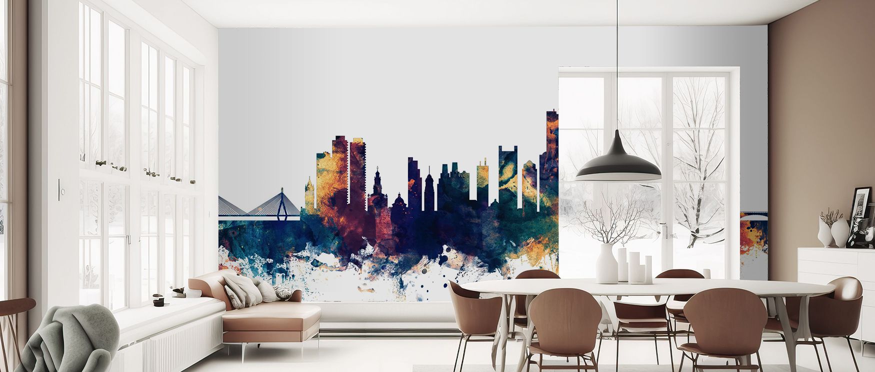 Boston Massachusetts Skyline Blue & Bronze Wallpaper adds professional stylish identity into offices where bold color contrasts and city silhouettes transform interiors into artistic cultural spaces filled with inspiring refinement effectively. 