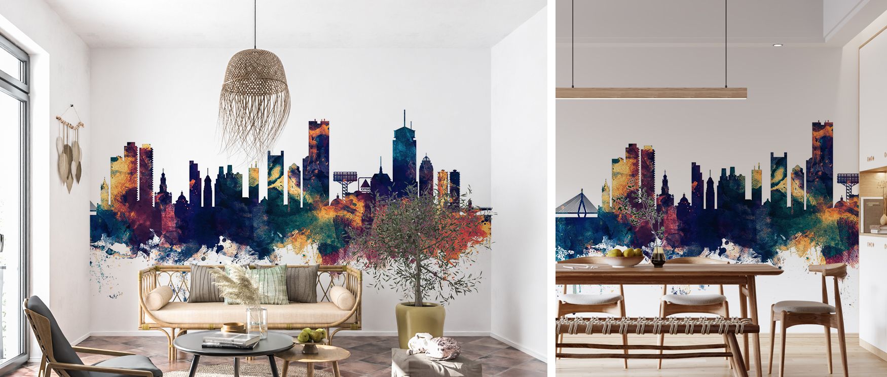 Boston Massachusetts Skyline Blue & Bronze Wallpaper enriches bedrooms with refined urban imagery where balanced tones of blue and bronze provide restful stylish decor filled with cultural charm and artistic personality turning interiors into calming eleg