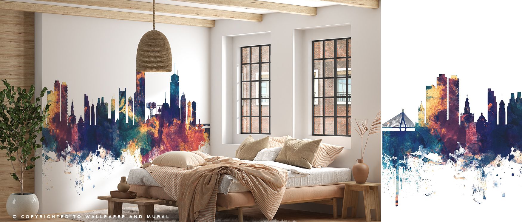 Boston Massachusetts Skyline Blue & Bronze Wallpaper adds cultural artistry into offices where architectural skyline imagery creates professional refined environment enhanced with bold stylish character and inspiring creative balance suitable for modern w