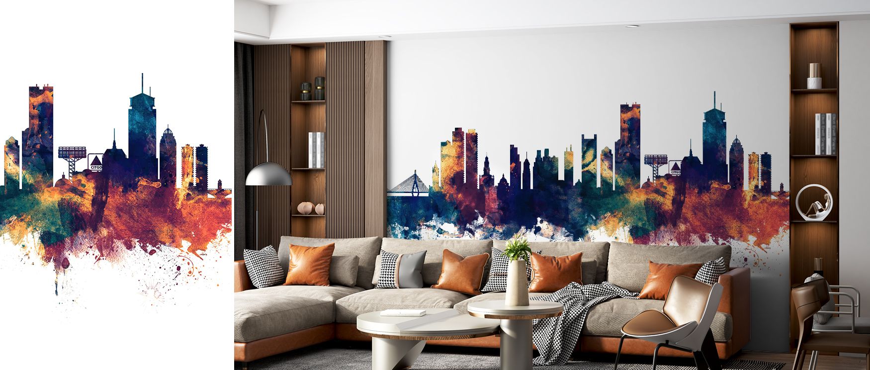 Boston Massachusetts Skyline Blue & Bronze Wallpaper brings stylish cultural identity into living rooms where striking imagery of Boston architecture highlighted in bold tones creates decor filled with vibrancy sophistication and artistic personality enri