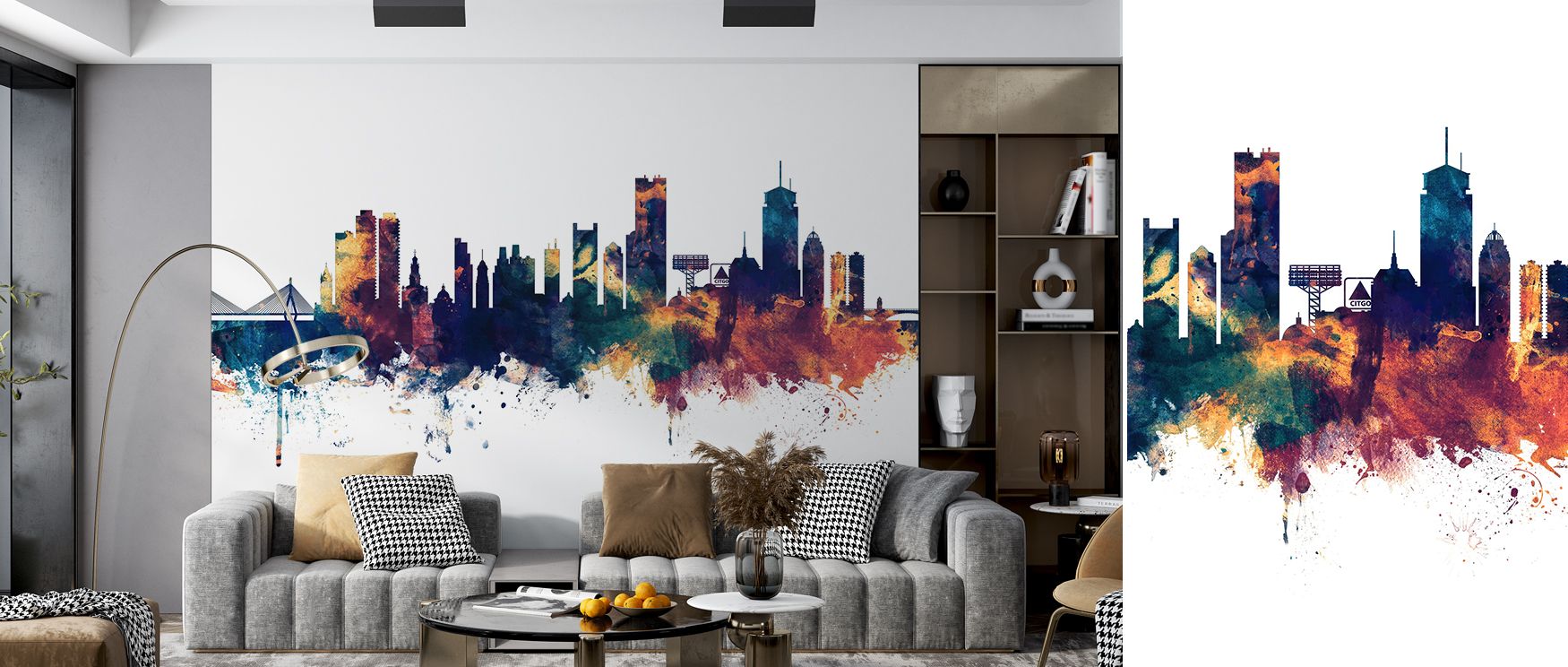 Boston Massachusetts Skyline Blue & Bronze Wallpaper provides bedrooms with restful stylish atmosphere where calming tones combine with architectural detail to inspire elegance comfort and cultural artistry blending restful design with sophisticated chara