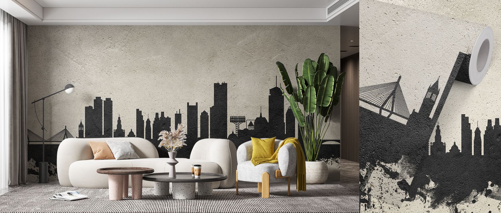 Urban Boston skyline wallpaper styled in bold concrete tones, offering interiors a modern industrial aesthetic. Its artistic presence transforms walls into cultured cityscapes, perfect for bedrooms, living rooms, or offices. 