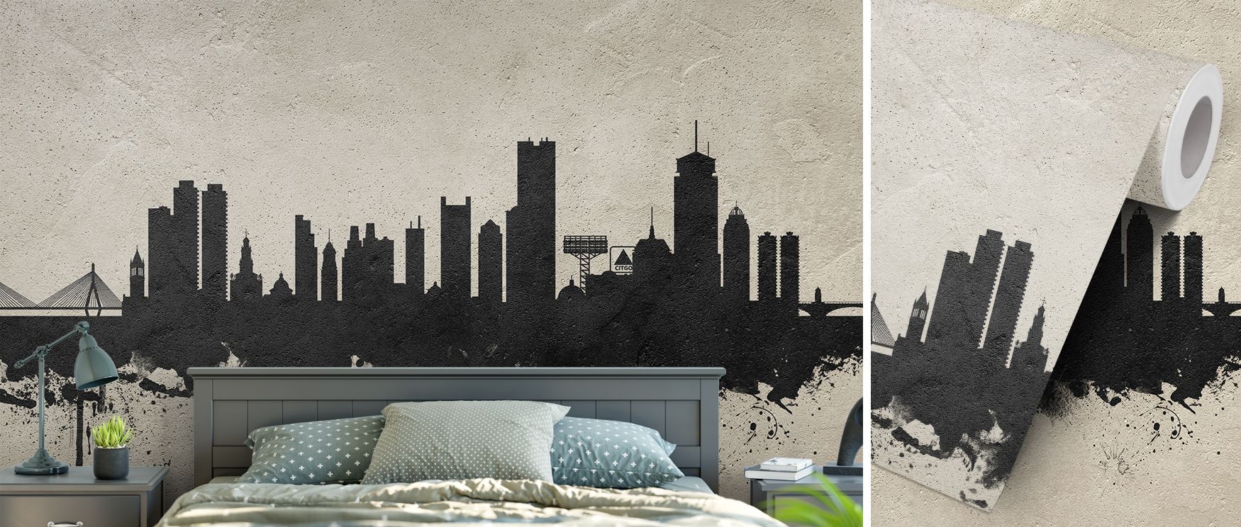 Decorative Boston wallpaper featuring the city skyline rendered in textured concrete artistry. Its modern tones enrich interiors with urban charm, making it suitable for studies, offices, or living spaces inspired by architectural design. 