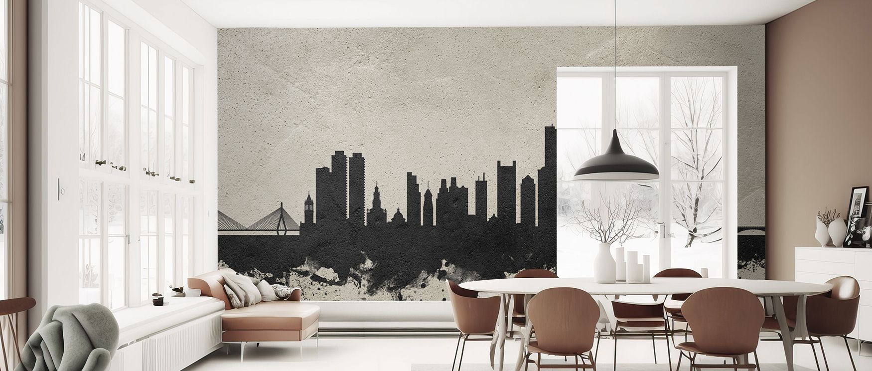 Boston skyline wallpaper featuring sleek concrete-inspired tones, turning walls into striking cityscapes. Its modern artistry makes interiors stylish, perfect for creative studios, living rooms, or bedrooms. 