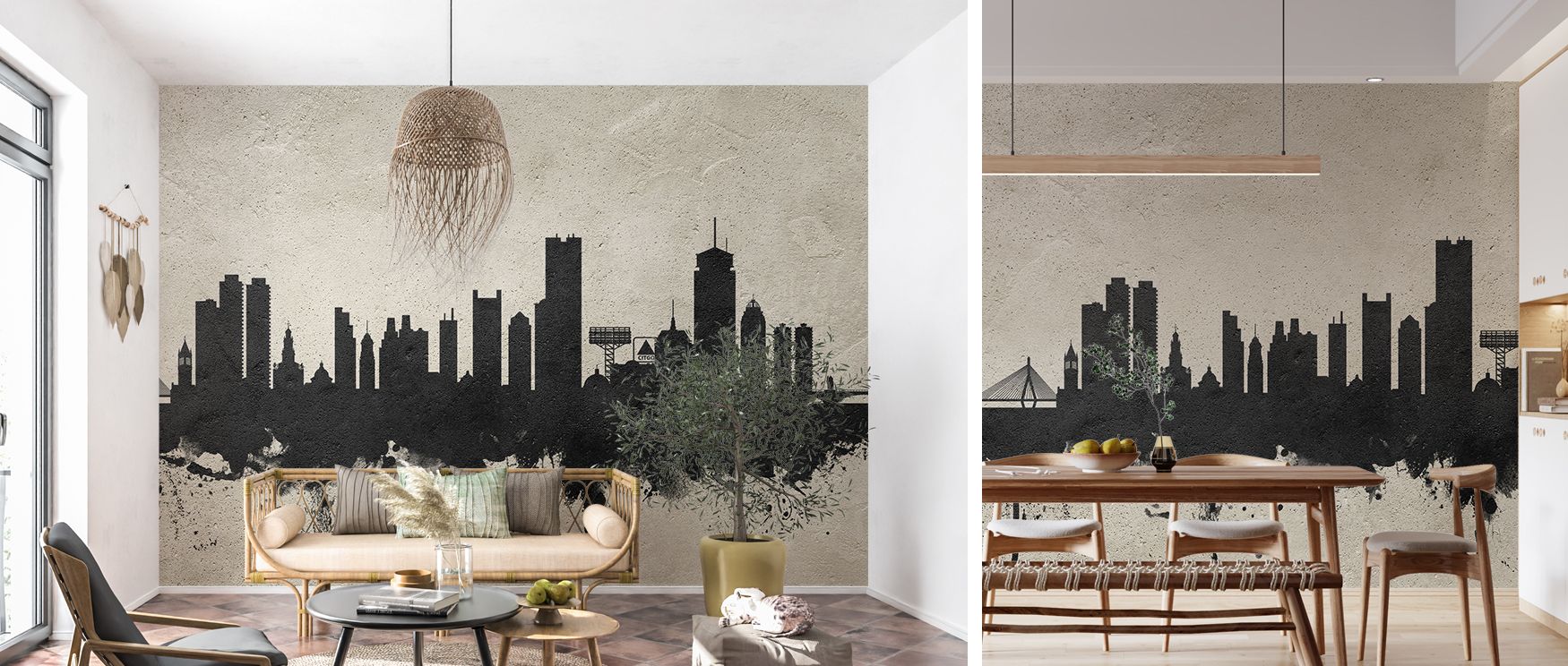 Concrete-inspired wallpaper featuring Boston skyline in sleek modern design. Its urban artistry brings sophistication to interiors, making it ideal for creative spaces, offices, or homes seeking bold and stylish décor. 