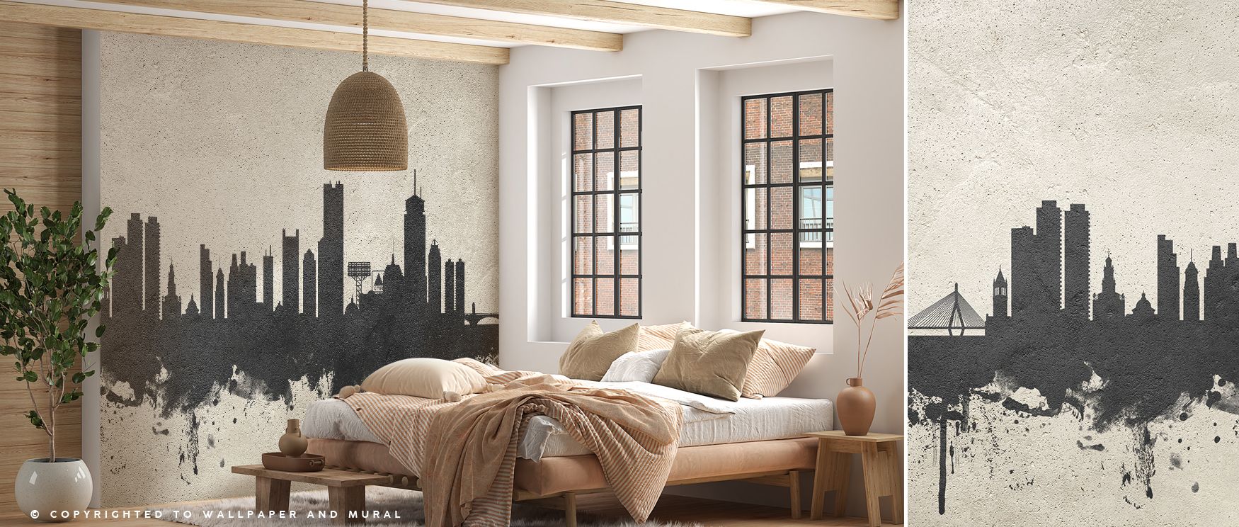 Boston city wallpaper styled in industrial concrete tones, highlighting the skyline in refined artistry. Its bold aesthetic creates cultured interiors, perfect for living rooms, offices, or bedrooms enriched with urban design. 