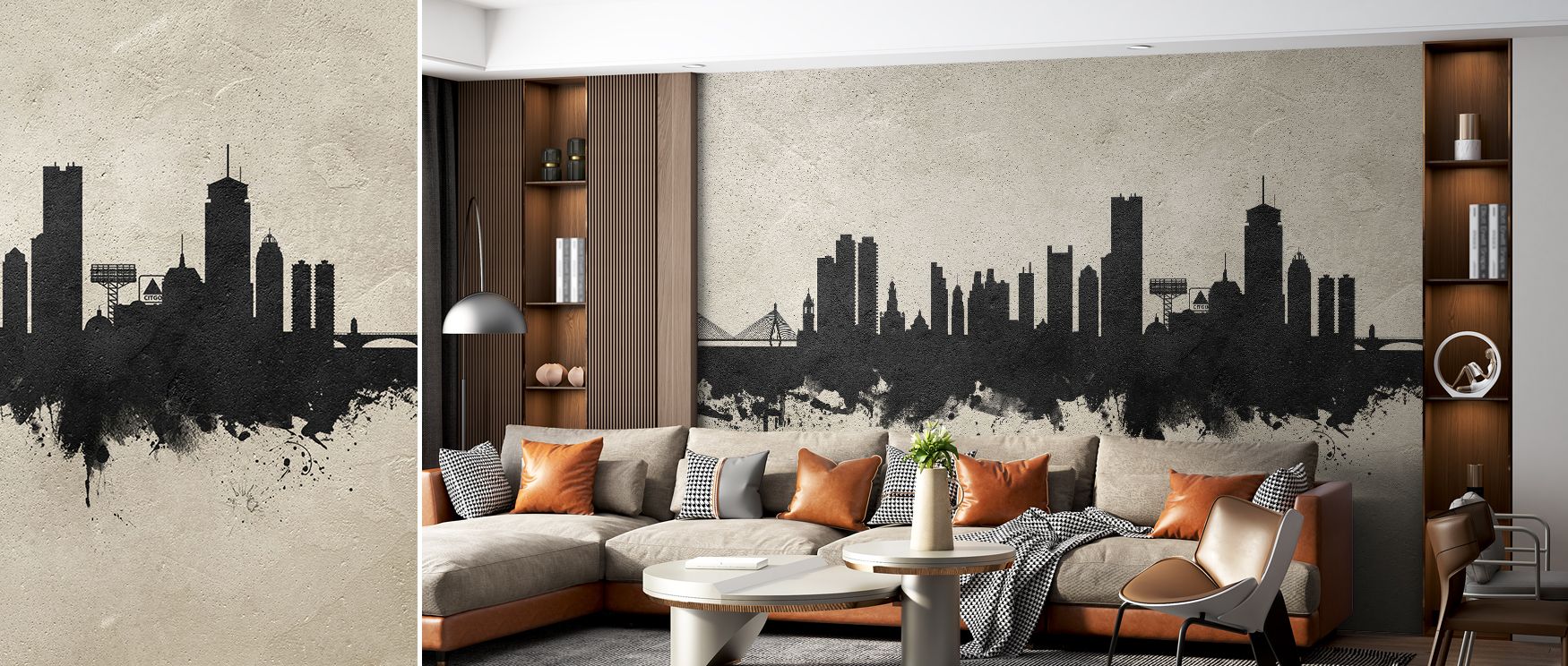 Artistic Boston wallpaper designed with concrete texture and skyline silhouette. Its industrial modern design enriches interiors, perfect for studies, living spaces, or creative homes seeking statement décor. 