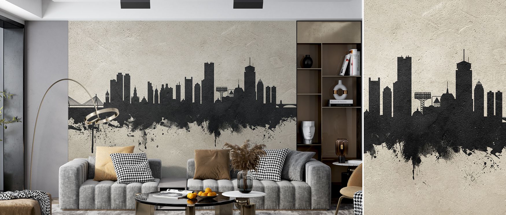 Decorative wallpaper capturing Boston skyline in textured concrete artistry. Its bold tones and urban style add sophistication to interiors, ideal for offices, lounges, or bedrooms with modern design themes. 