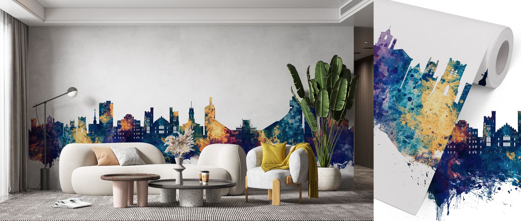 Artistic Boulder skyline wallpaper designed with detailed blue and bronze contrasts. Its refined urban aesthetic transforms interiors, perfect for living rooms, bedrooms, or offices seeking stylish design. 