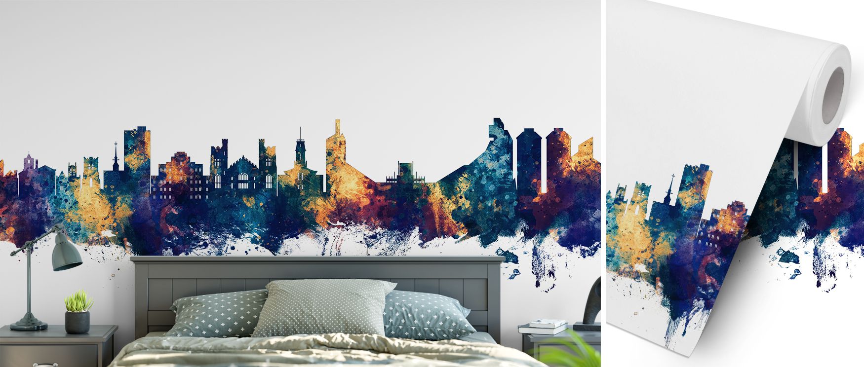 Decorative Boulder wallpaper featuring city skyline in striking metallic-inspired blue and bronze palette. Its cultured tones enrich interiors with sophistication, ideal for living spaces, studies, or offices with bold modern flair. 