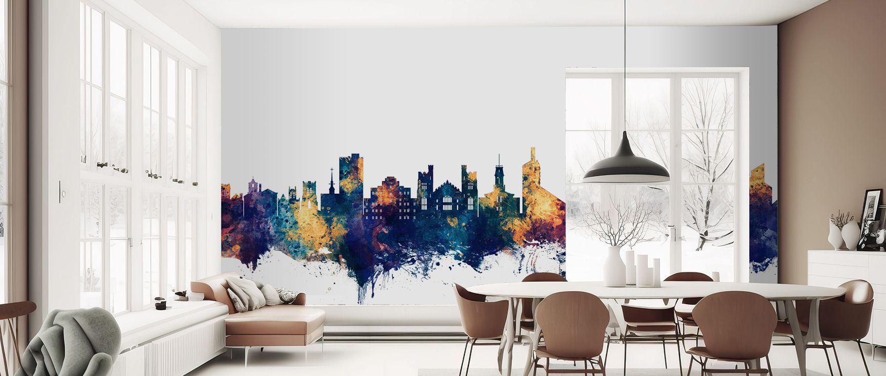 Decorative wallpaper styled with Boulder skyline in refined blue and bronze artistry. Its cultured design enriches interiors with sophistication, perfect for studies, lounges, or modern living rooms. 