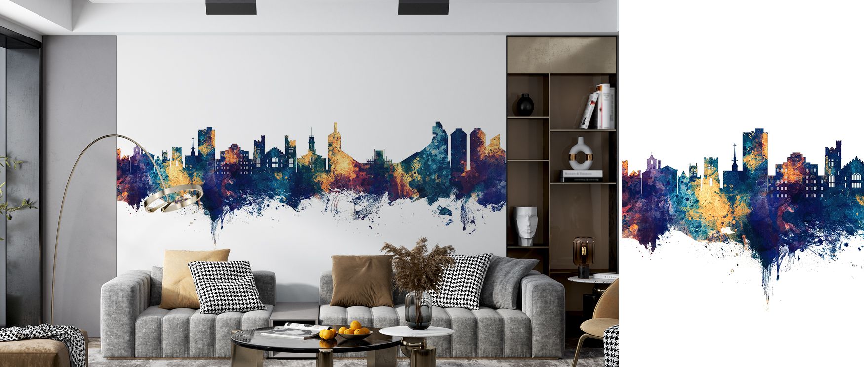 Urban Boulder wallpaper designed with skyline silhouette in contrasting blue and bronze tones. Its artistic presence transforms interiors, ideal for offices, bedrooms, or living spaces seeking bold urban flair. 