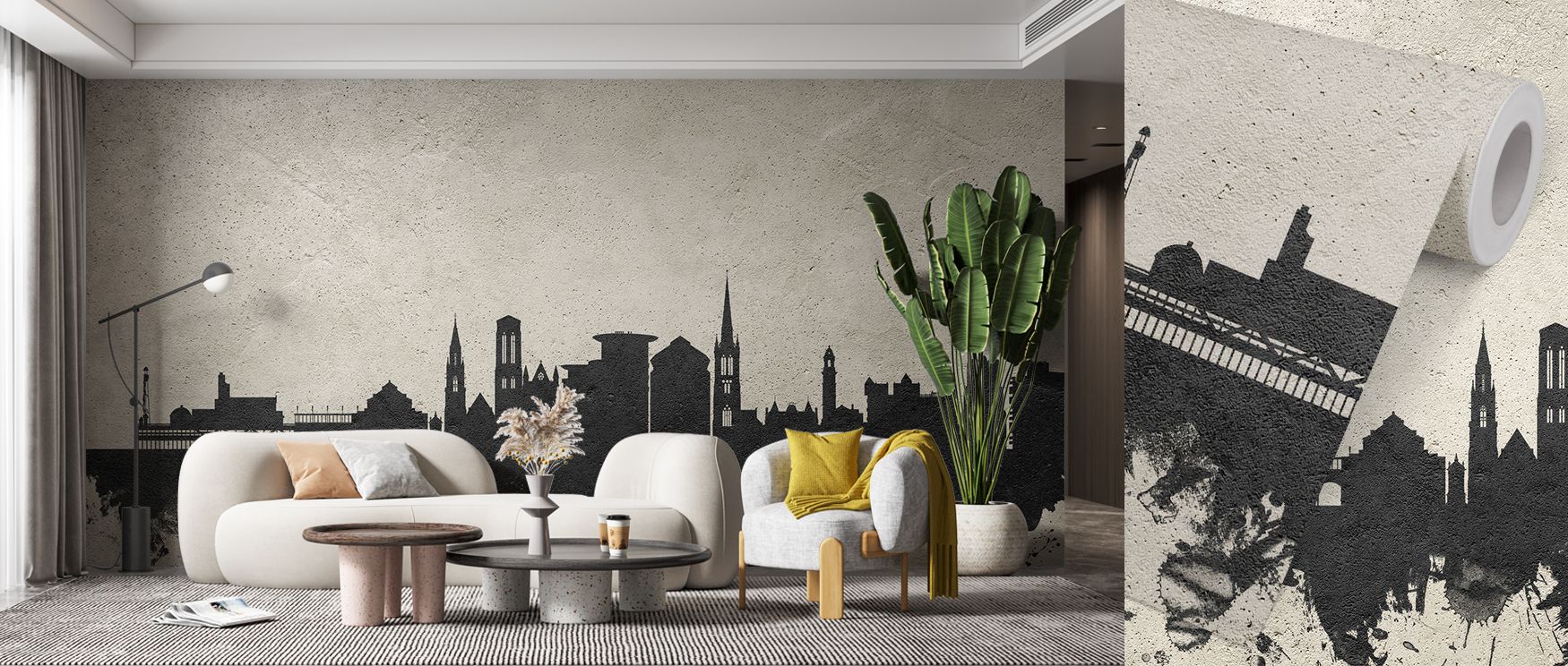 Decorative wallpaper featuring Bournemouth skyline in concrete art design. Its urban aesthetic enriches interiors with bold presence, perfect for bedrooms, studies, or living rooms that benefit from industrial flair and creativity. 