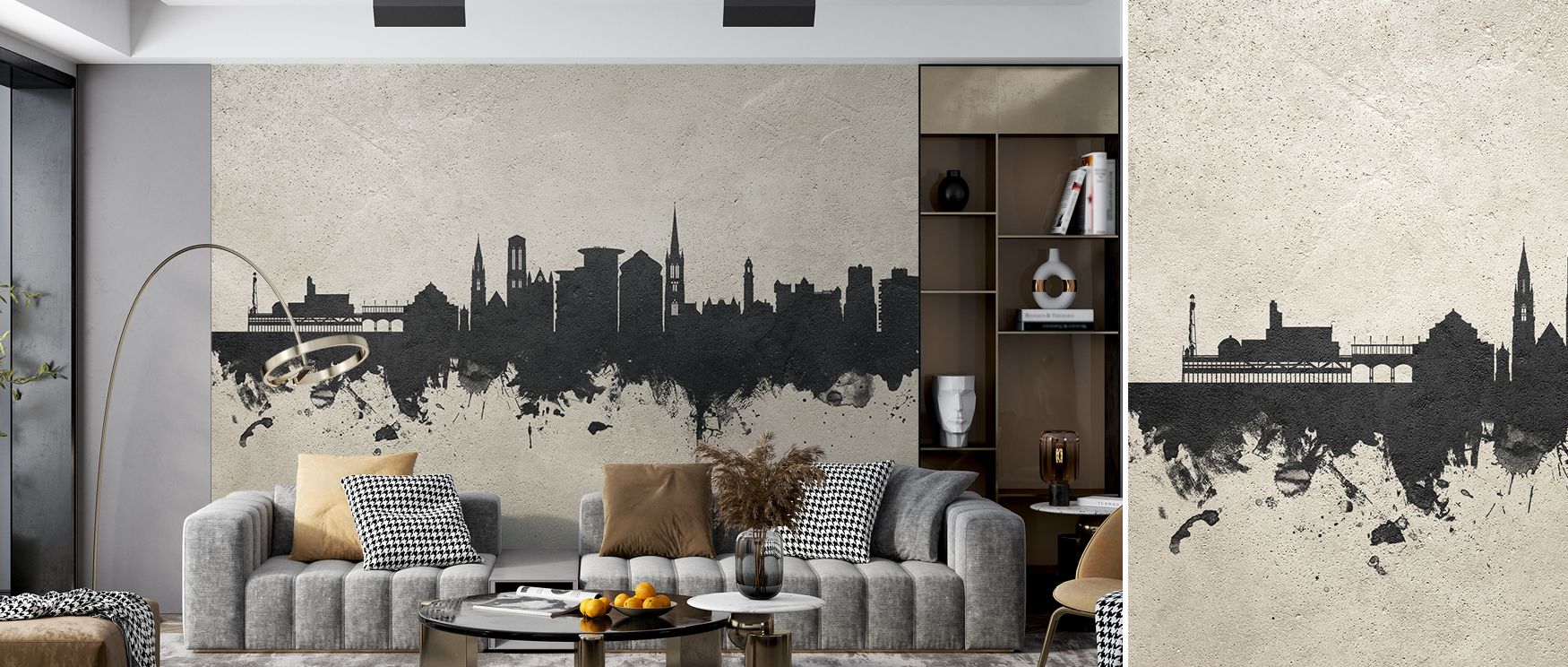 Artistic Bournemouth wallpaper featuring skyline in textured concrete tones. Its bold design transforms walls into cultural landscapes, perfect for bedrooms, living rooms, or studies inspired by industrial urban charm. 