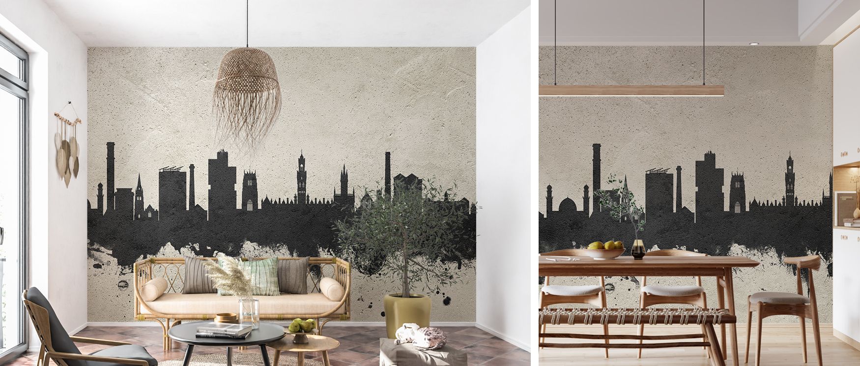 Artistic Bradford wallpaper designed with concrete skyline silhouette. Its modern industrial tones enrich interiors, perfect for lounges, bedrooms, or offices where stylish urban charm is desired. 
