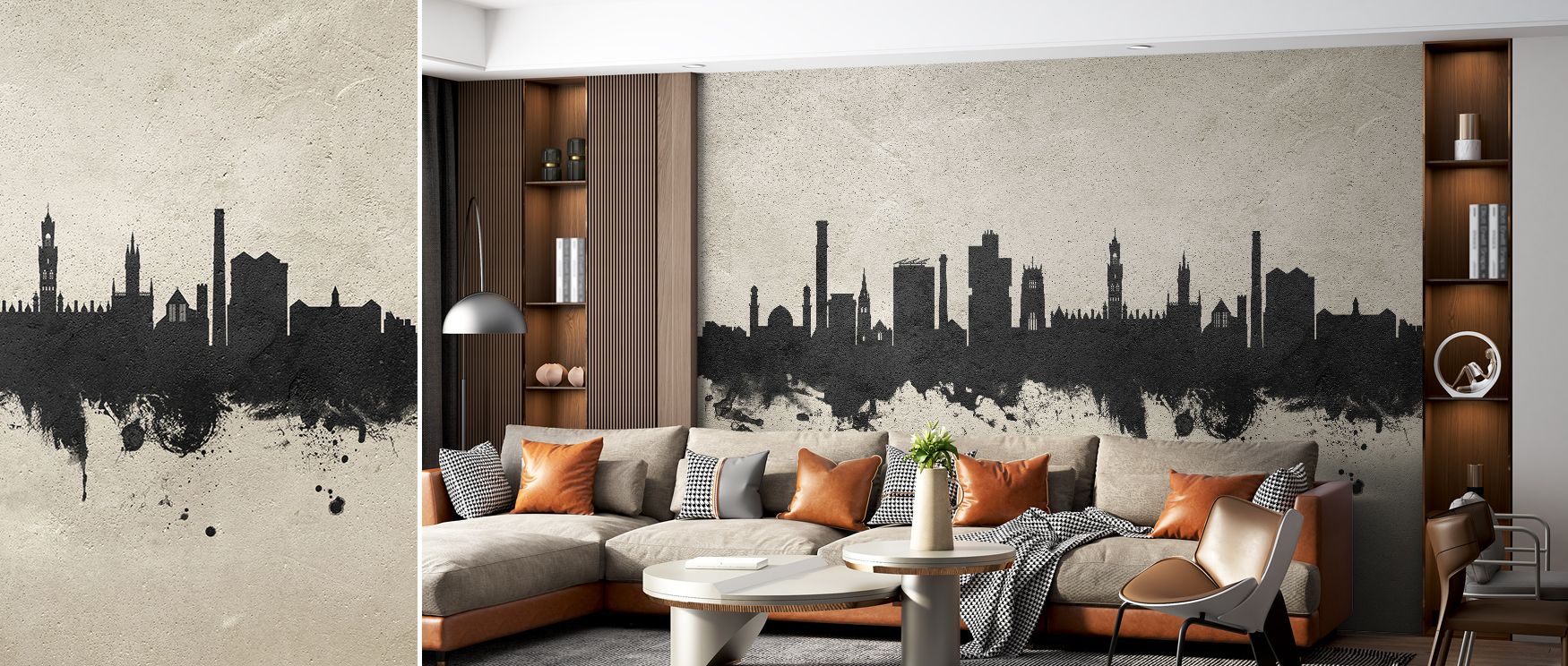 Bradford skyline wallpaper styled with concrete tones and modern design. Its artistic presence enriches interiors, ideal for creative spaces, offices, or homes seeking bold sophistication. 